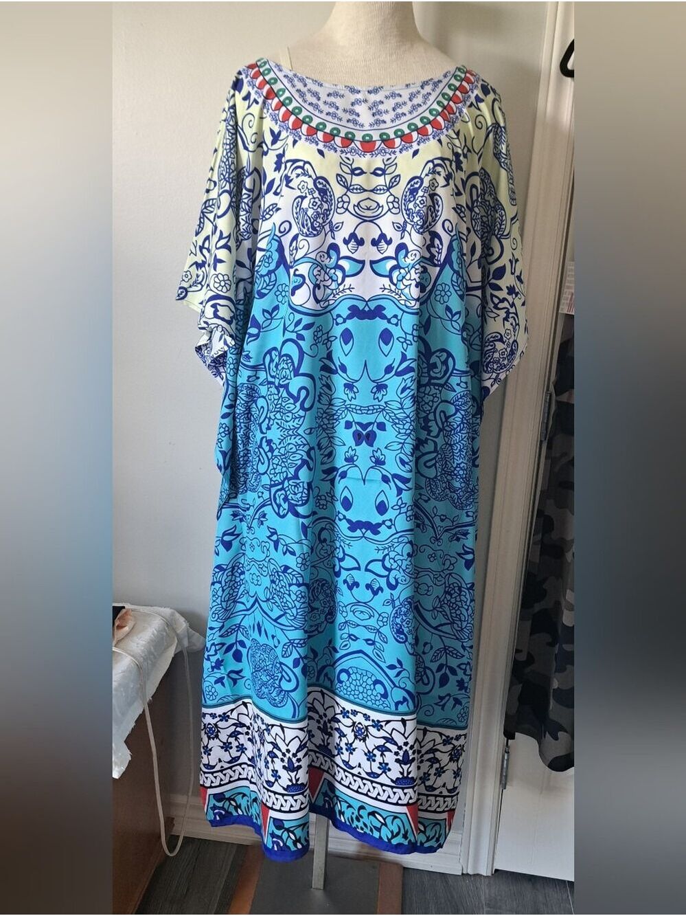 MISS LAVISH Blue white multi Maxi Caftan Dress lightweight airy beachy resort S